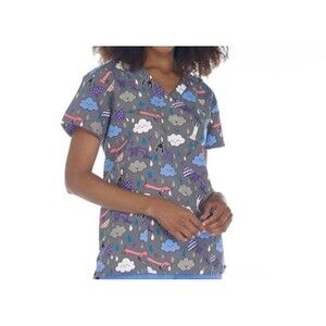 Zikit Womens 2 Pocket V-Neck Scrub Top Raining Cats And Dogs Size Medium